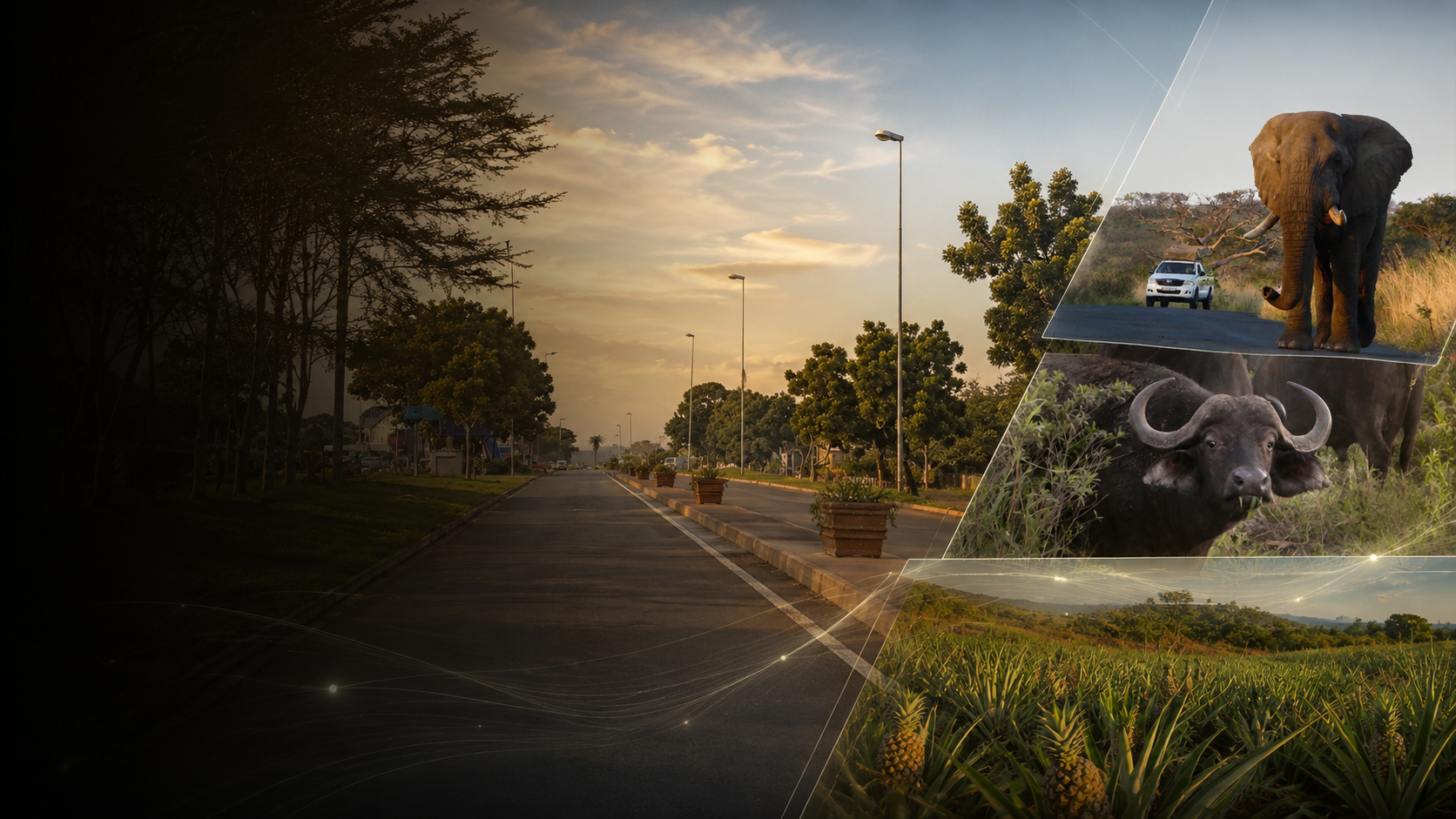 Hluhluwe street at sunset with elephant, buffalo and pineapple fields of northern KwaZulu-Natal